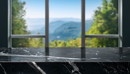 Black marble tabletop on panoramic window background. Stone countertop for luxury beauty products and food presentation. view from the window. window in the city