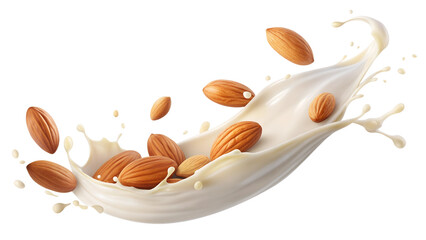 Movement of almond milk liquid with whole almond nuts, cut out and isolated on transparent background png