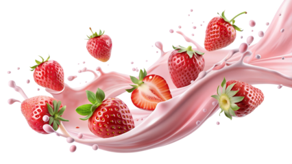 Strawberry milk liquid movement with whole strawberries, cut out and isolated on transparent background png