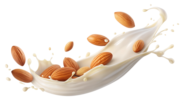Movement of almond milk liquid with whole almond nuts, cut out and isolated on transparent background png