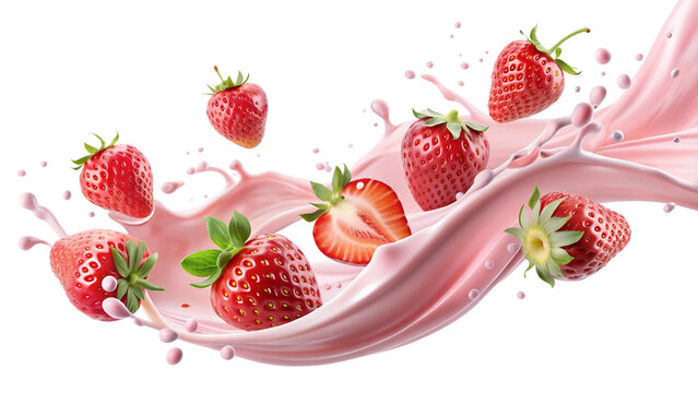 Strawberry milk liquid movement with whole strawberries, cut out and isolated on transparent background png