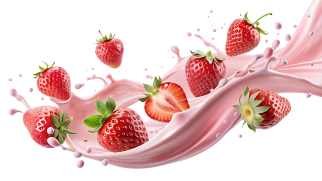 Strawberry milk liquid movement with whole strawberries, cut out and isolated on transparent background png