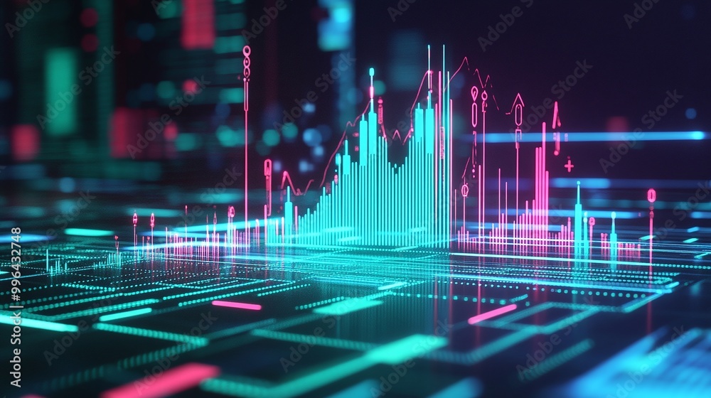 Poster futuristic digital data visualization with glowing graphs and charts representing financial statisti
