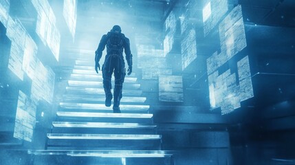 A figure ascends illuminated steps in a futuristic, digital space.