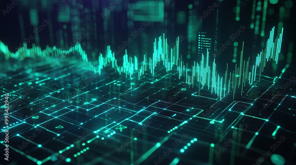 Poster futuristic digital data visualization with glowing green lines and graphs on a dark background.