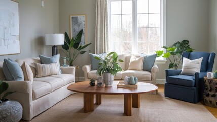 A photo of a cozy living room with a beige sofa, a blue armchair, and a wooden coffee table in the center. There are also a few plants and a lamp on the table. The walls are painted a soft gray.