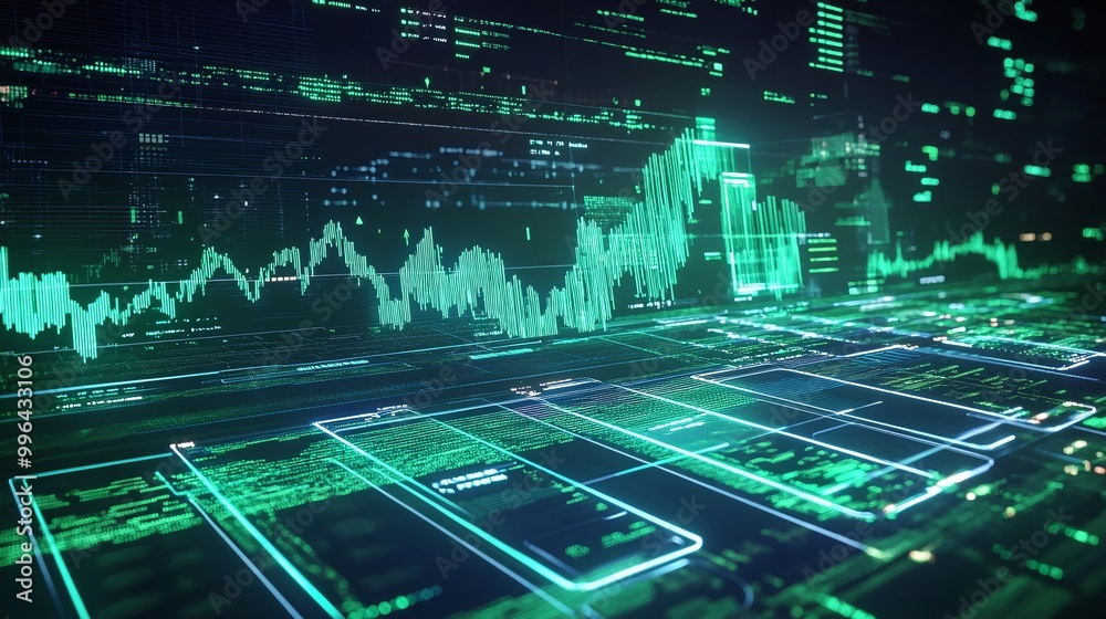 Poster futuristic digital data visualization with graphs and charts on a dark background, showcasing analyt