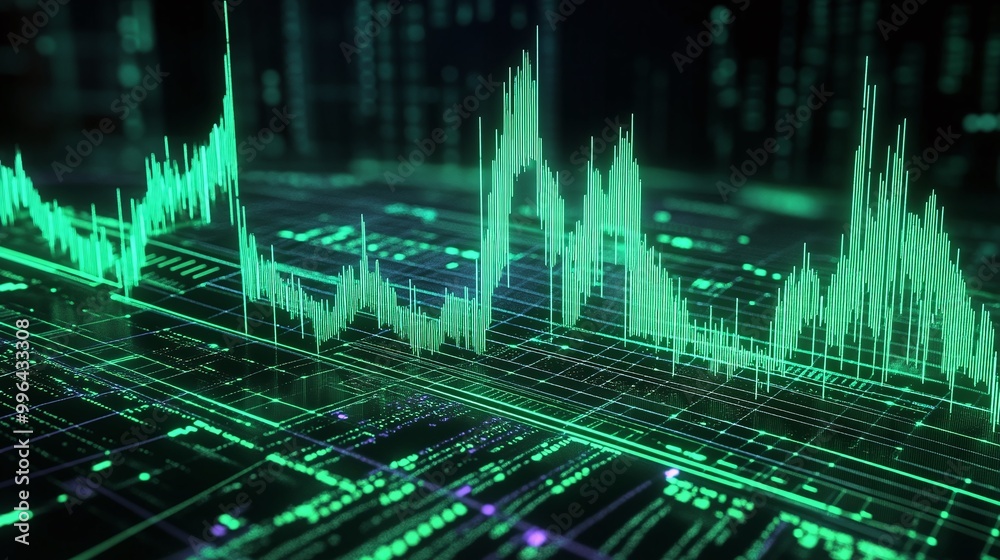 Poster futuristic digital data visualization with green graphs and dynamic metrics.