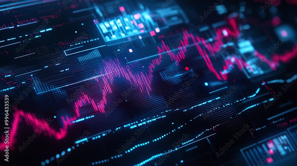 Poster futuristic digital data visualization with vibrant graphs and computer interfaces in neon colors.