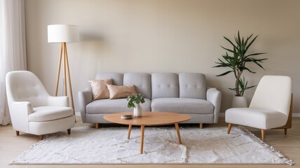 A photo of a modern living room with a gray sofa and a white chair. There is a wooden coffee table in the center. The room has a white rug, a potted plant, and a floor lamp with a white shade.