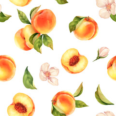 Seamless peach pattern with tropic fruits, leaves, flowers background.