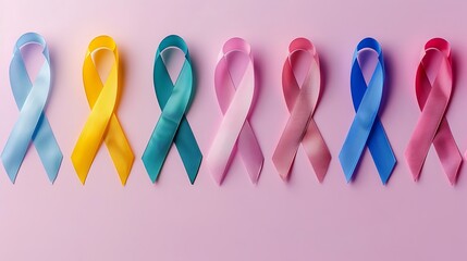 A vibrant display of colorful ribbons on a pink background, symbolizing various causes and awareness campaigns.