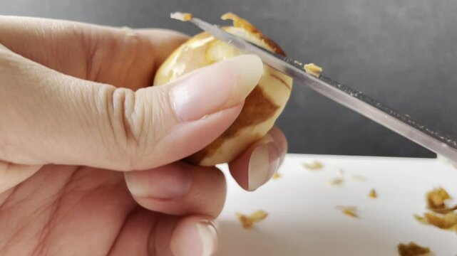 close up of a hand whittling wood and carving with a knife