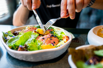 person enjoying a colorful salad with fresh vegetables and meat, using a fork and knife. The focus is on the vibrant, healthy meal, highlighting a theme of nutritious eating and a balanced lifestyle.