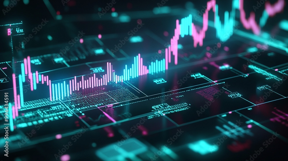Poster futuristic digital graph displaying financial data, with vibrant colors and intricate data patterns 