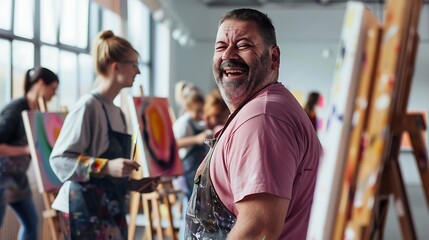 A joyful art class scene with an instructor smiling at the camera, surrounded by students painting on easels.
