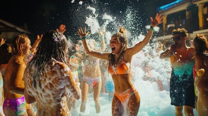 Energetic summer foam party at a resort  people dancing and enjoying the festive atmosphere