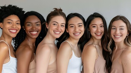 Obraz premium A diverse group of women smiling together, showcasing unity and beauty, captured in a natural, light-filled environment.