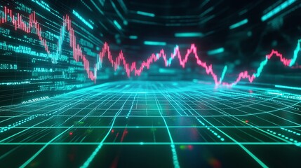 Futuristic digital graph showcasing data trends in vibrant colors on a grid background.