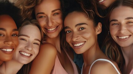 Obraz premium A joyful group of diverse women smiling together, showcasing friendship and positivity.
