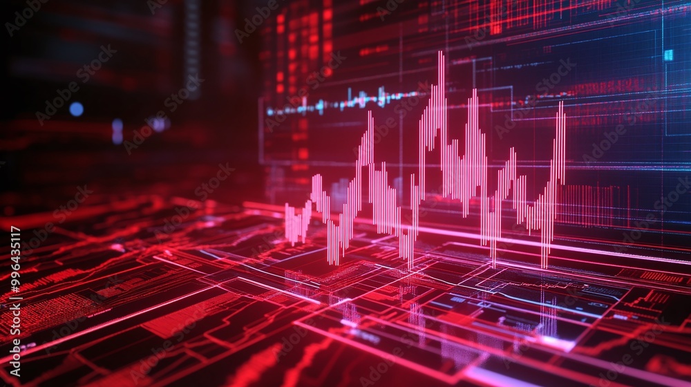 Poster futuristic digital graph with red and black background representing data analysis and technology tre