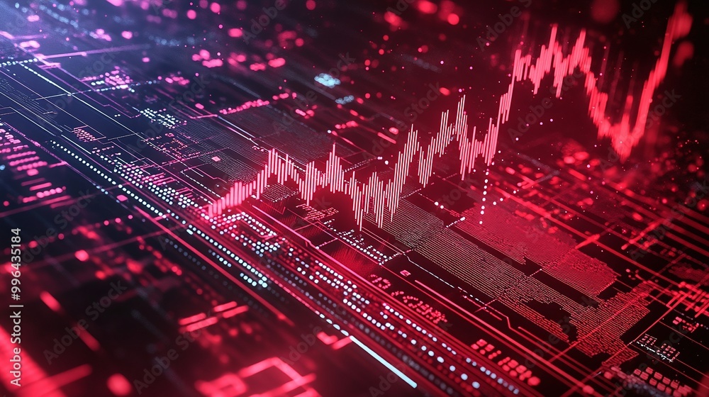 Poster futuristic digital graph with red tones representing data analytics and trends on a high-tech backgr