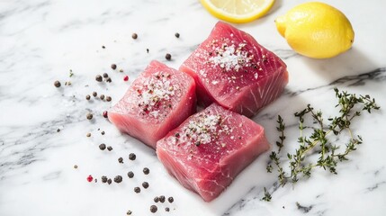 Fresh tuna steaks on a marble countertop, seasoned with salt, pepper, and lemon, ready for grilling.