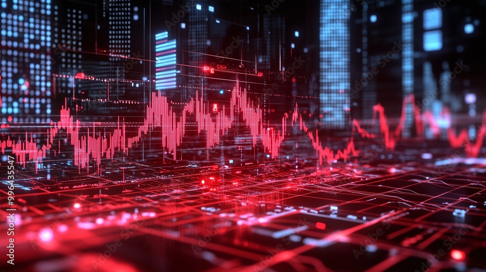 Poster futuristic digital interface displaying red data visualization trends in a high-tech environment.