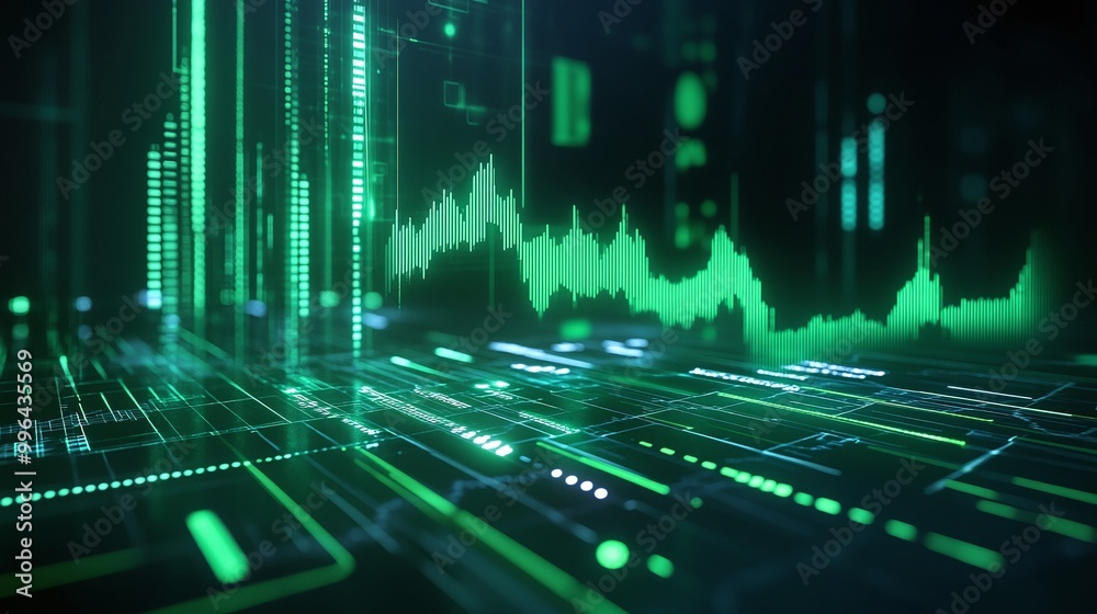 Poster futuristic digital interface displaying green data visualizations and signals in a sleek, technologi