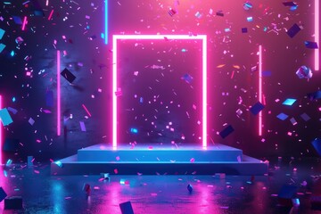 Confetti celebration on a stage with a colorful neon frame, ideal for event or party graphics