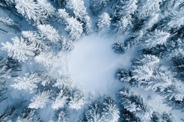 Aerial view of a snow-covered forest in winter trees outdoors nature.