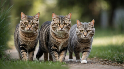Three tabby cats walking together on a path with green foliage in the background, daytime outdoor scene.