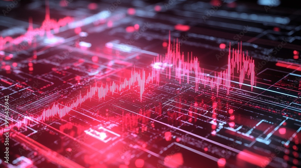Poster futuristic digital interface with dynamic waveforms and glowing elements in red hues.