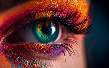 Close-up of a vibrant eye adorned with colorful makeup and glitter, showcasing a creative artistic expression.