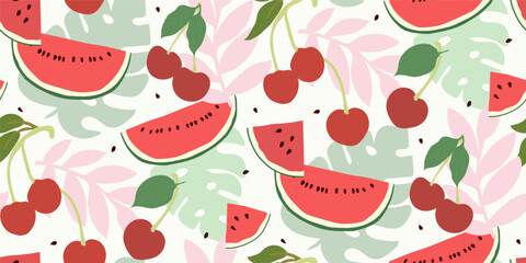 Watermelon fruits seamless pattern. Modern kitchen tropical fruits composition vector illustration. © ilsuu
