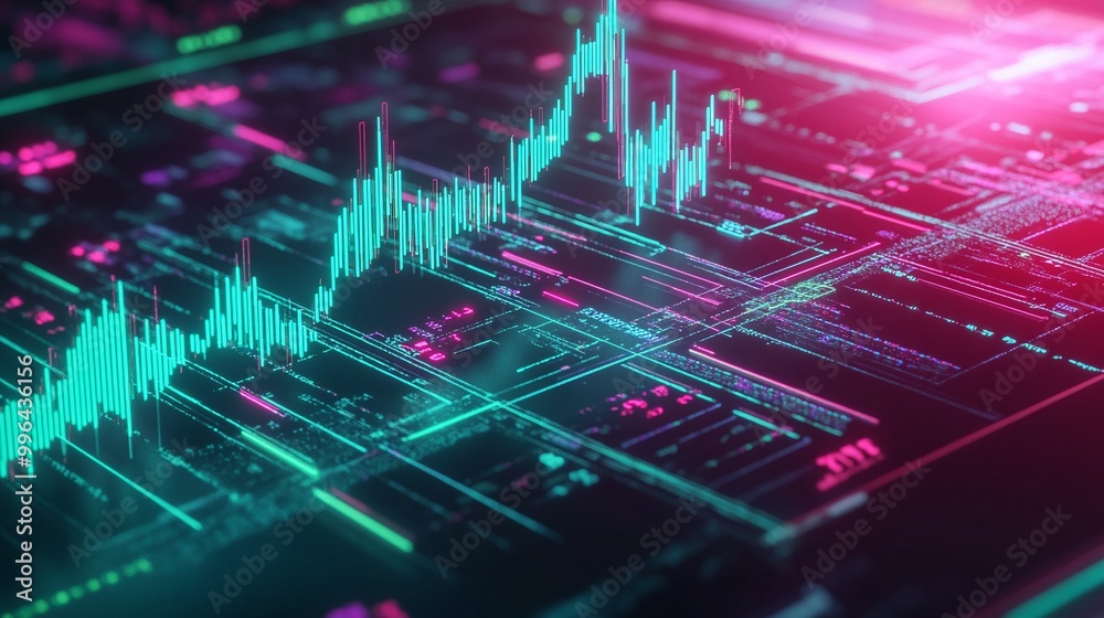 Poster futuristic digital interface with glowing graphs and data visualization elements on a dark backgroun