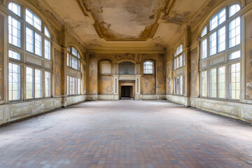 An abandoned, decaying ballroom with high ceilings and large arched windows, weathered walls and worn floors