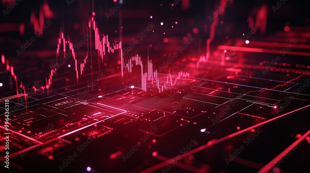 Poster futuristic digital interface with glowing red graphs and data flow, representing innovation and tech