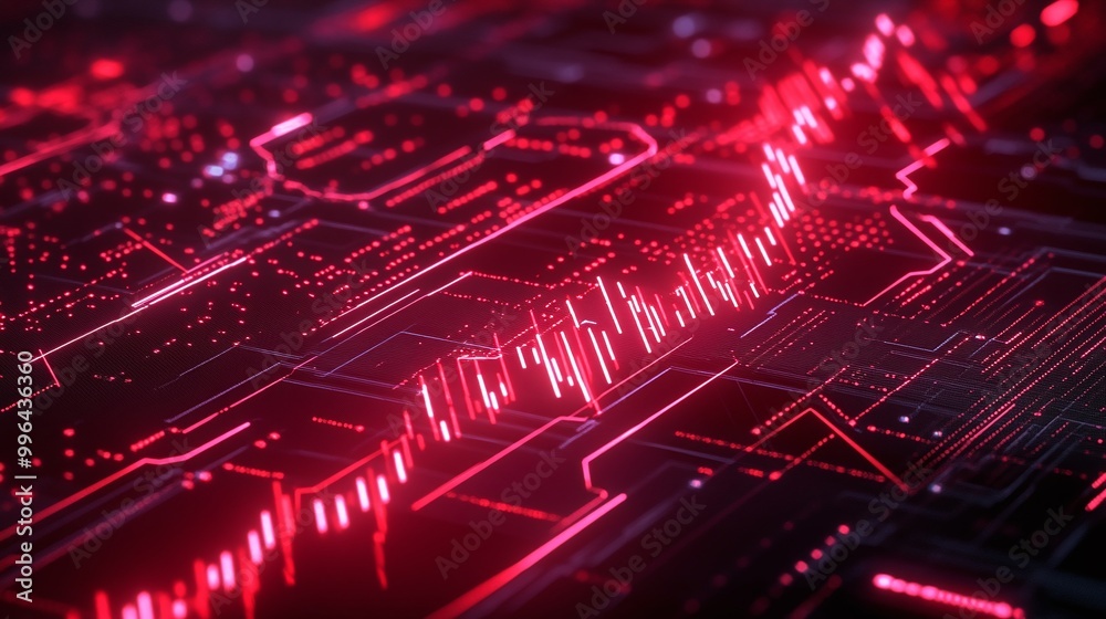Poster futuristic digital interface with glowing red lines representing data flow and connectivity.