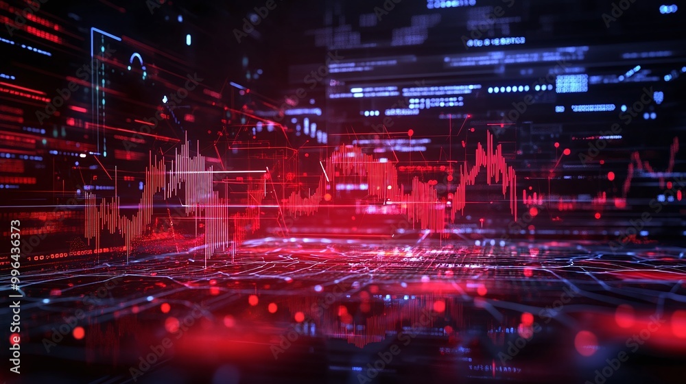 Poster futuristic digital interface with red data visualization and glowing lines indicating trends and met