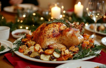 Traditional Christmas dinner on a dining table featuring juicy chicken and red tablecloth