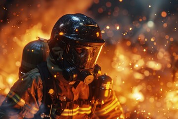Fototapeta premium A firefighter wearing a gas mask and protective gear for hazardous environment operations
