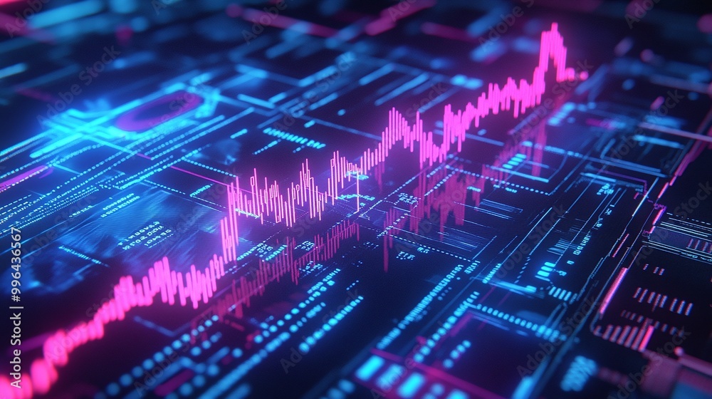 Poster futuristic digital interface with vibrant graphs and data visualizations in a tech-inspired design.