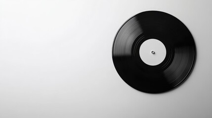 Obraz premium Black vinyl record placed on a minimalistic white background, perfect for album or music-related design templates.