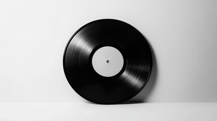 Black vinyl record placed on a minimalistic white background, perfect for album or music-related design templates.