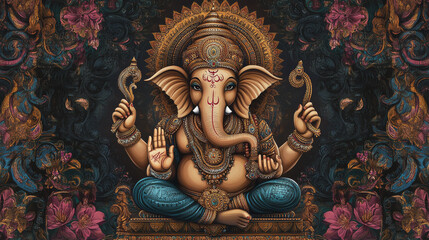 Fototapeta premium A highly detailed Indian traditional artwork of Lord Ganesha, rich with cultural patterns, spiritual symbols, and vibrant colors that reflect ancient Indian heritage.