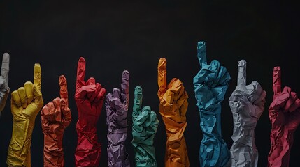 Colorful paper hands made of crumpled material, showing different sign language gestures on a black background. Human hand symbols concept. Photo with copy space for text or design.