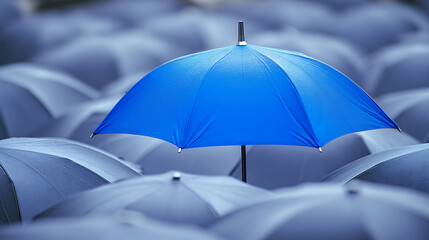 A single blue umbrella stands out from a crowd of grey umbrellas.