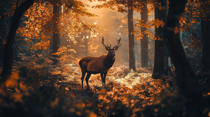 A majestic wild animal standing in a lush forest, surrounded by trees and natural elements, captured in the golden hour light