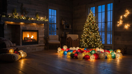 Cozy wooden cabin with Christmas tree, fireplace, and decorative lights creating a festive ambiance inside.